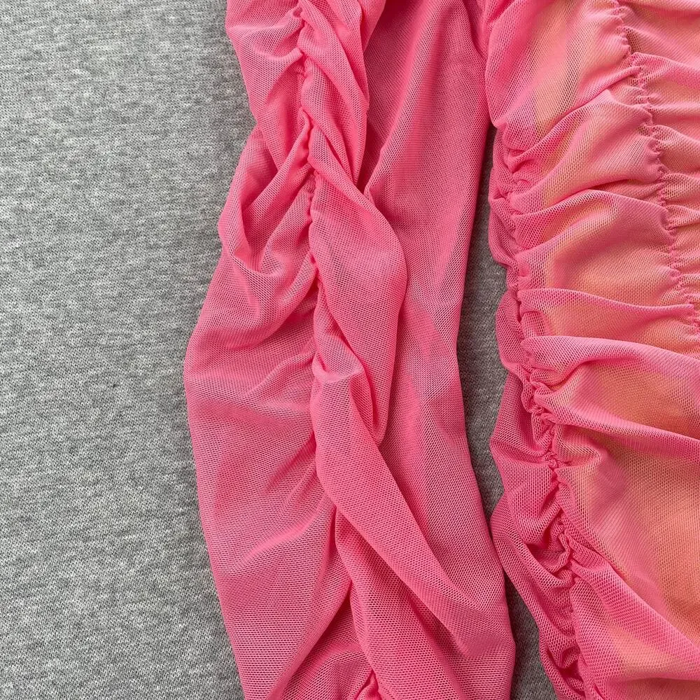 TOPSHOP Dress Size M 8/10 Hot Pink Sheer Layered Mesh Mini Ruched Long Sleeve